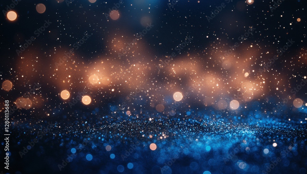Fototapeta premium Abstract bokeh background with shimmering particles and soft glowing lights in blue and orange hues creating a magical and festive atmosphere