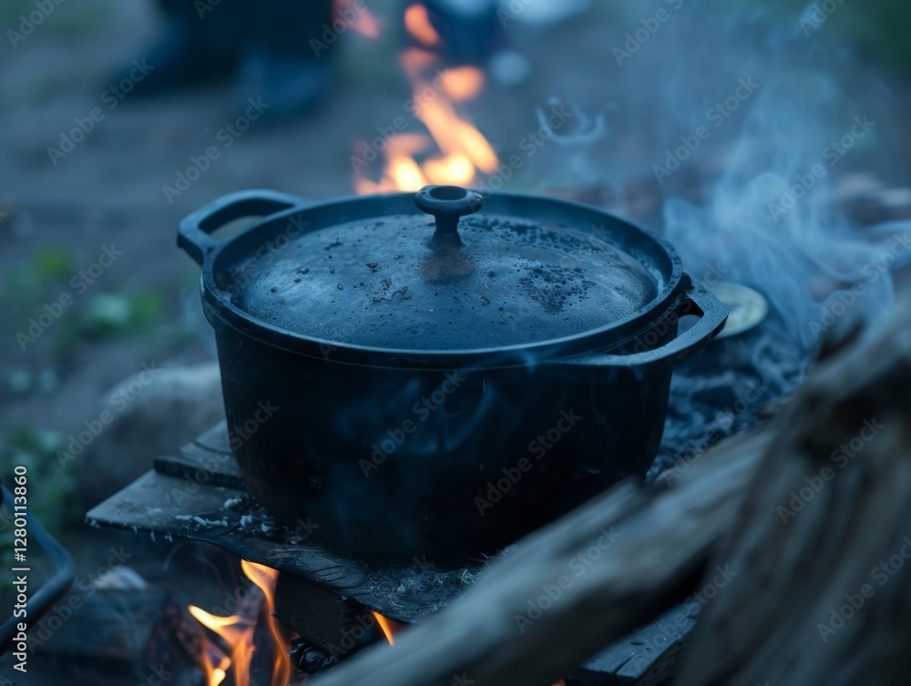 Cooking Outdoors with a Cast Iron Pot Over an Open Fire Cooking Outdoors with a Cast Iron Pot Over an Open Fire