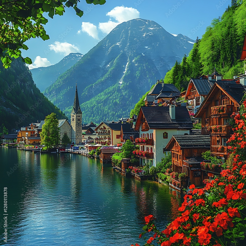 Scenic Austrian village by lake, mountains high resolution hd picture Scenic Austrian village by lake, mountains high resolution hd picture