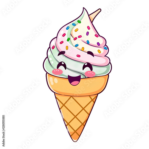 A cartoon ice cream cone illustration with pastel swirls, png transparent