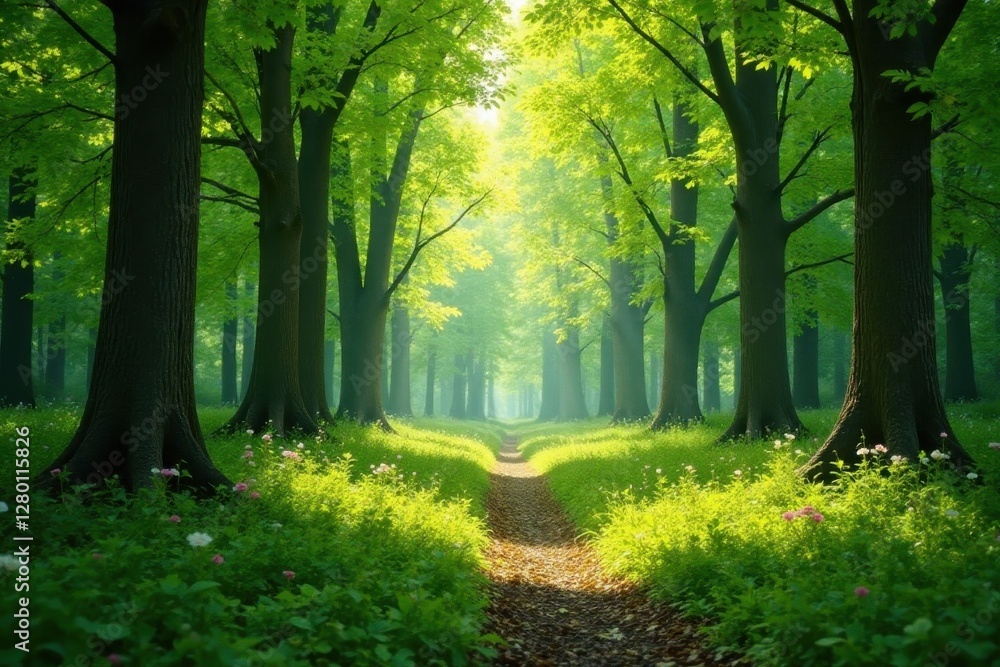 Obraz premium Sun-dappled spring forest, vibrant green canopy, silent, environment