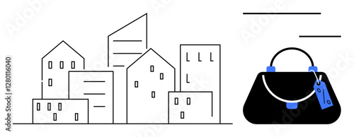 City buildings and a luxury handbag with price tags highlight urban lifestyle and spending habits. Ideal for urban life, consumerism, real estate, retail, shopping, fashion, economic exchange