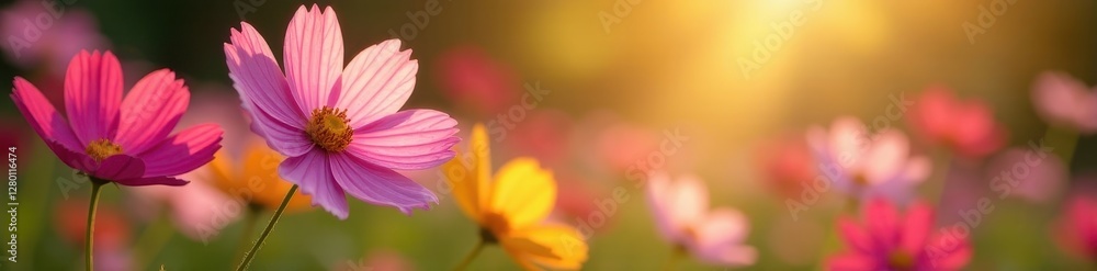 Delicate cosmos petals unfurl in sunny garden setting , outdoor, floral, petal Delicate cosmos petals unfurl in sunny garden setting , outdoor, floral, petal