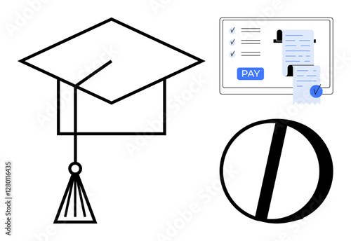 Graduation cap, screen displaying payment confirmation and bill, and prohibition sign. Ideal for education costs, student loans, financing, budgeting, prohibitions, financial decisions educational