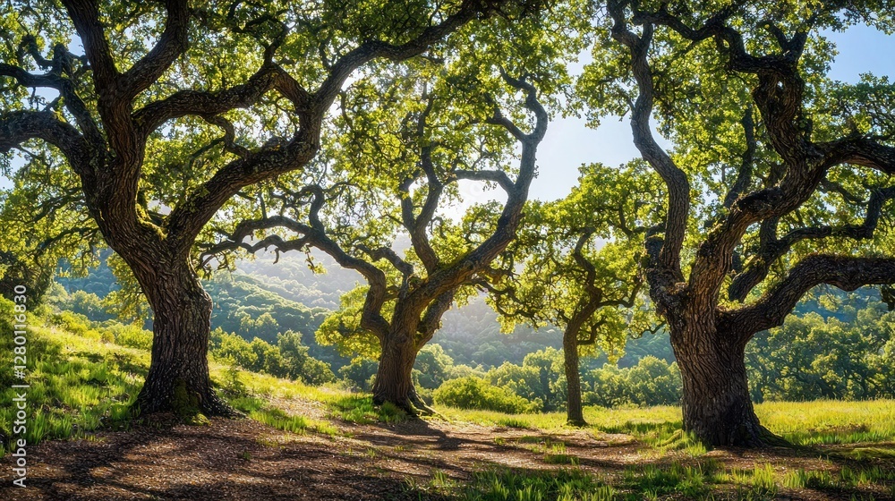 Majestic oak trees in a sunlit meadow. Majestic oak trees in a sunlit meadow.