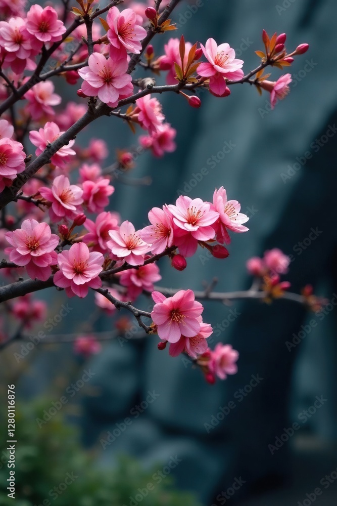 Plum tree with blooming flowers in front of a dark grey rock formation, tree, branches Plum tree with blooming flowers in front of a dark grey rock formation, tree, branches