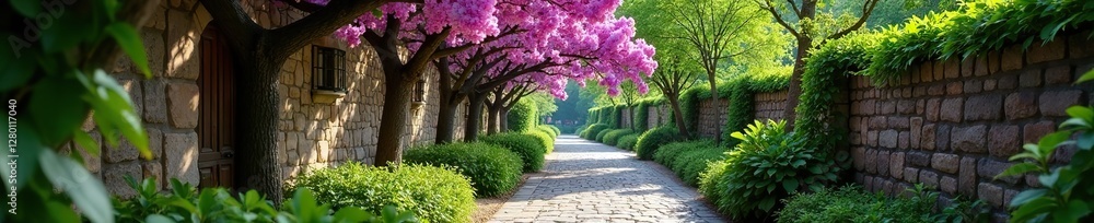 Stone alley lined with blooming lilac trees and lush greenery, greenery, botanical Stone alley lined with blooming lilac trees and lush greenery, greenery, botanical