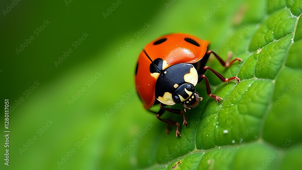 Fototapeta premium Close-Up of a Ladybug Crawling on a Green Leaf
