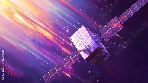 Futuristic satellite soaring through vibrant cosmic space with colorful streaks of light