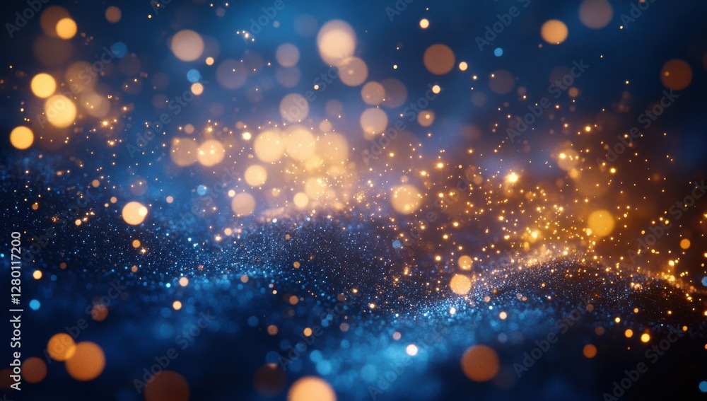 Fototapeta premium Abstract shimmering background with bokeh effect, glowing dots, and mystical sparkles in vibrant blue and orange hues for creative design projects