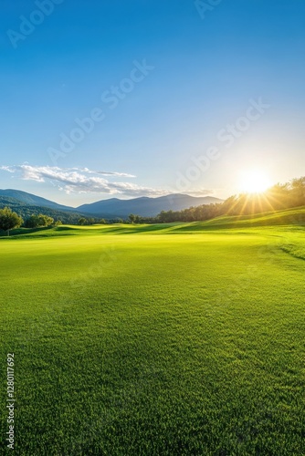 Serene Sunset Golf Course Landscape: Picturesque Green Fairway Under a Vibrant Sky