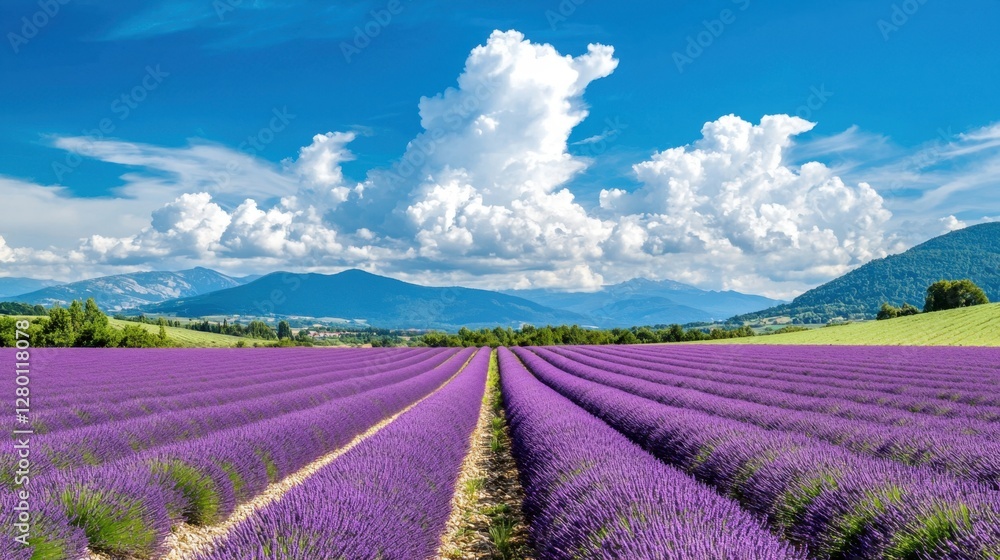 Scenic Lavender Field in Full Bloom under a Vibrant Blue Sky with Dramatic Clouds and Majestic Mountains in the Background Scenic Lavender Field in Full Bloom under a Vibrant Blue Sky with Dramatic Clouds and Majestic Mountains in the Background