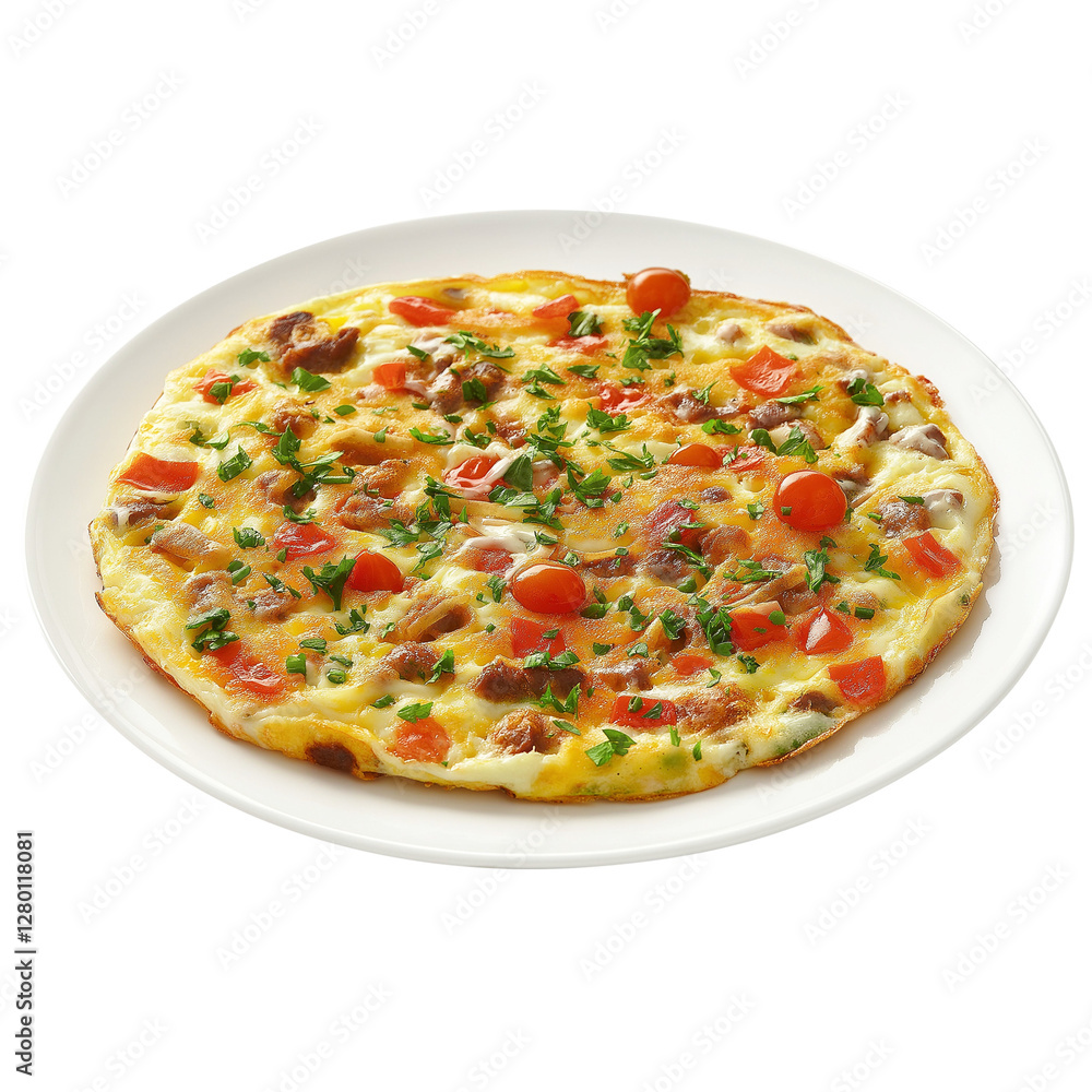 Delicious omelette with fresh ingredients on a plate top view isolated on transparent white background, clipping path Delicious omelette with fresh ingredients on a plate top view isolated on transparent white background, clipping path
