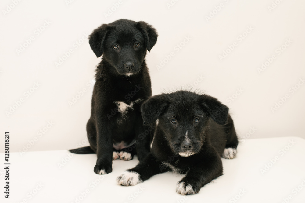 Two Black Puppies Sitting Together Two Black Puppies Sitting Together