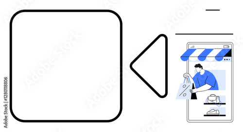 Smartphone with store awning, person shopping, shopping bags, and numerous e-commerce elements. Ideal for e-commerce, online retail, mobile shopping, digital sales, convenience modern trade