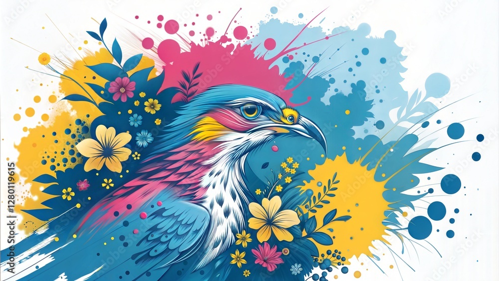 Fototapeta premium Floral Abstract Bird Illustration, Vibrant Splash Ink Artistic Nature Art