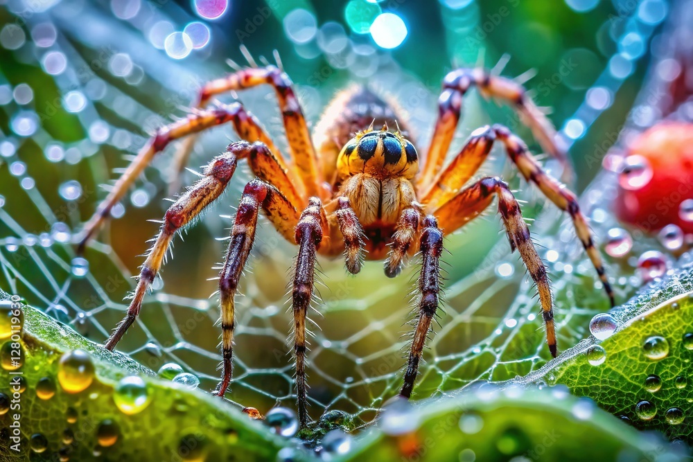 Fototapeta premium Close-up of a Striking Spider on a Web, Detailed Macro Photography