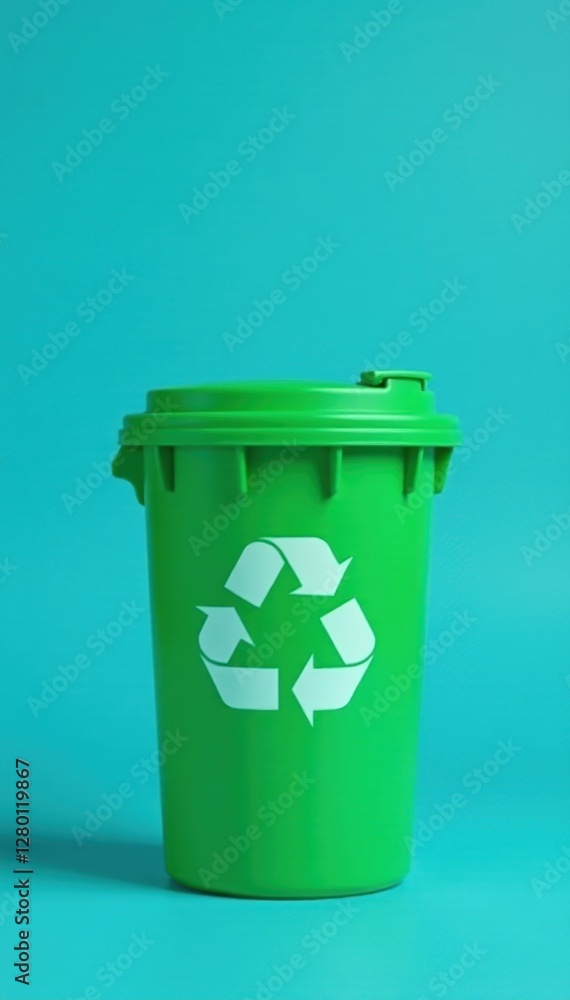 Green recycle bin, blue background, copy space available, eco, green Green recycle bin, blue background, copy space available, eco, green
