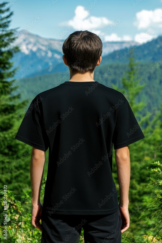 A person stands with their back to the camera, surrounded by lush green trees and mountains under a bright sky. A person stands with their back to the camera, surrounded by lush green trees and mountains under a bright sky.