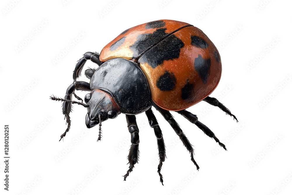 A small red ladybug with black spots isolated on a white background A small red ladybug with black spots isolated on a white background