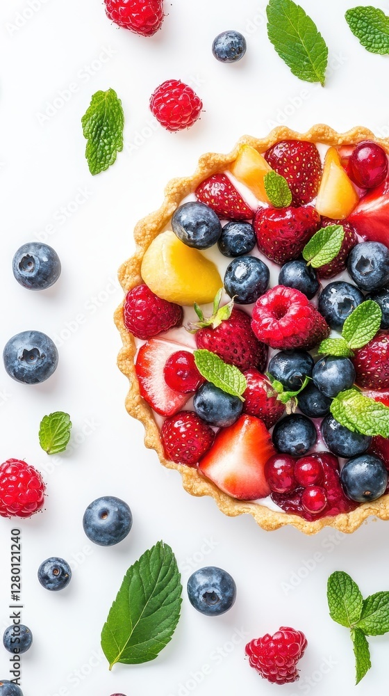 Obraz premium A delicious fruit tart showcases a variety of fresh berries and mint leaves, perfect for dessert