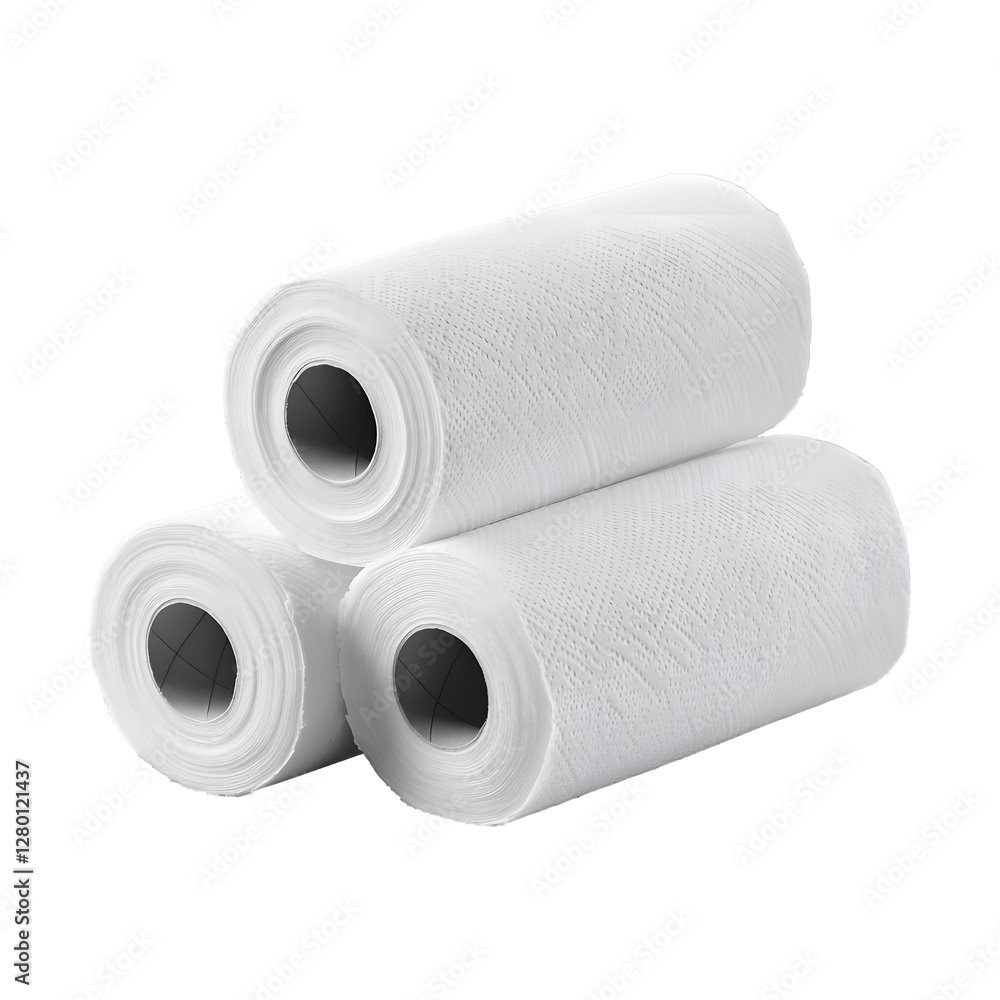 Three rolls of white paper towels stacked neatly. Three rolls of white paper towels stacked neatly.