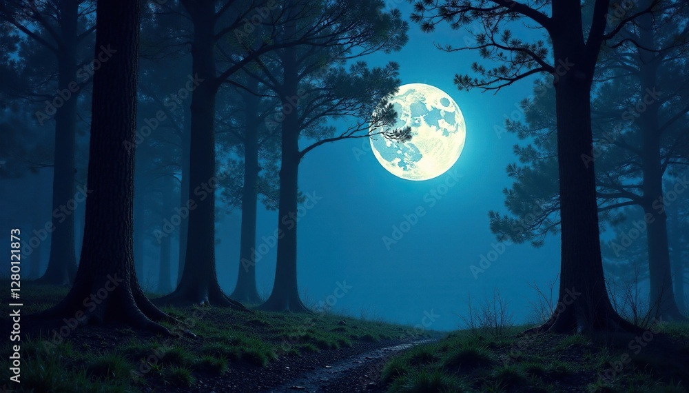 Moonlit forest with scattered tree trunks and shadows, branches, woodland Moonlit forest with scattered tree trunks and shadows, branches, woodland