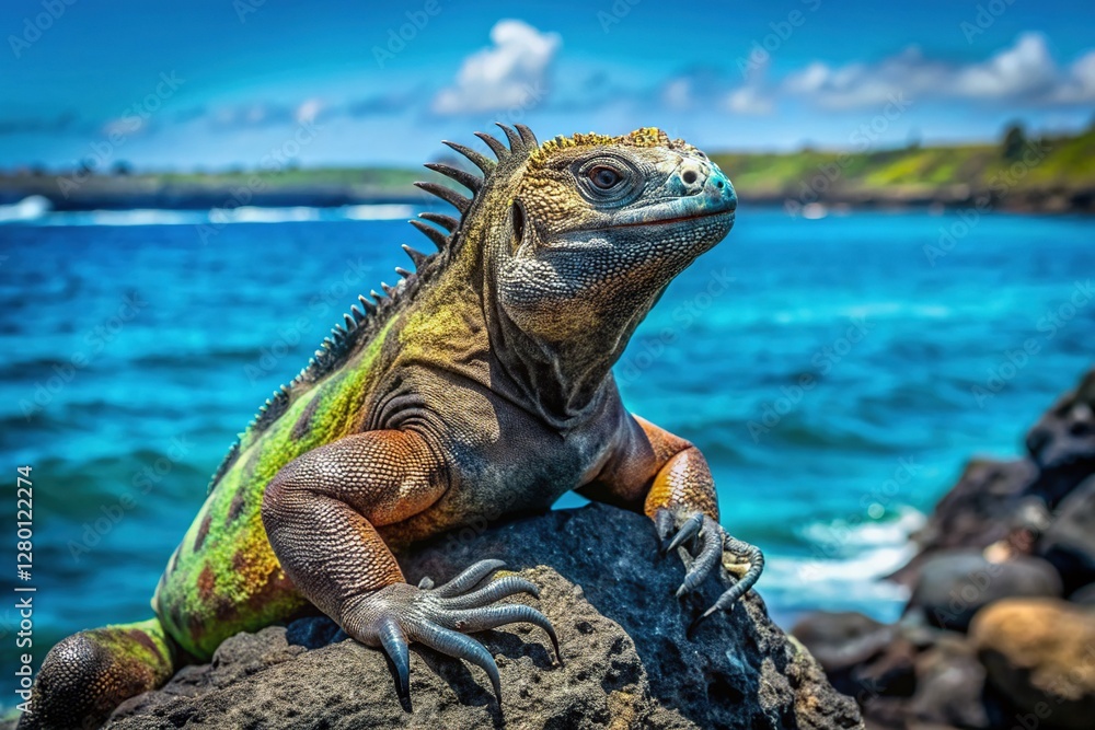 Fototapeta premium Galapagos Marine Iguana Sunbathing on Volcanic Rocks