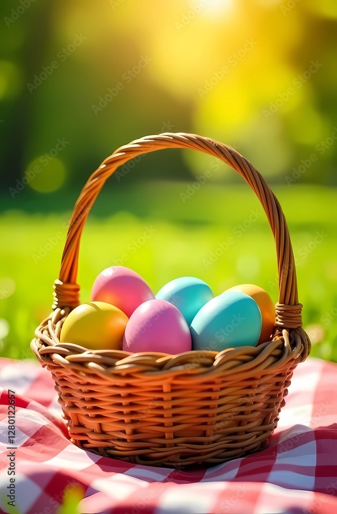 A basket of Easter eggs in the grass. Natural sunlight A basket of Easter eggs in the grass. Natural sunlight