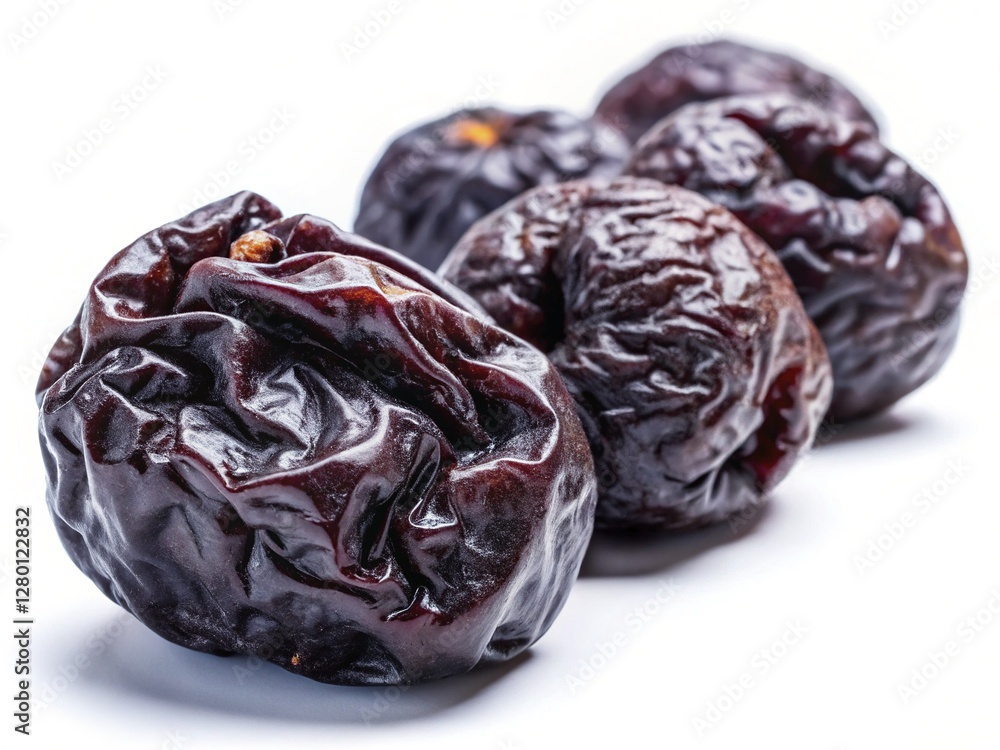 Healthy Snack: Dried Prunes in a Row on White Background Healthy Snack: Dried Prunes in a Row on White Background