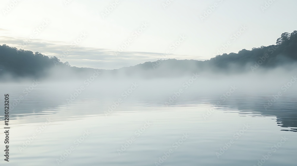 Serene and foggy lake landscape reflecting the cloudy sky and nature Serene and foggy lake landscape reflecting the cloudy sky and nature