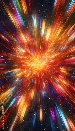 A colorful explosion of light beams and particles erupts vividly