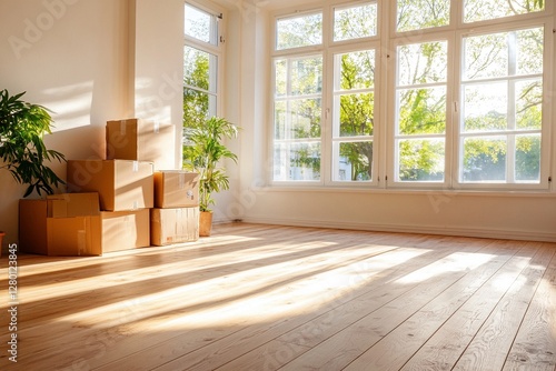 Habitaci  n luminosa con grandes ventanales  cajas de mudanza apiladas y plantas en macetas  lista para ser decorada