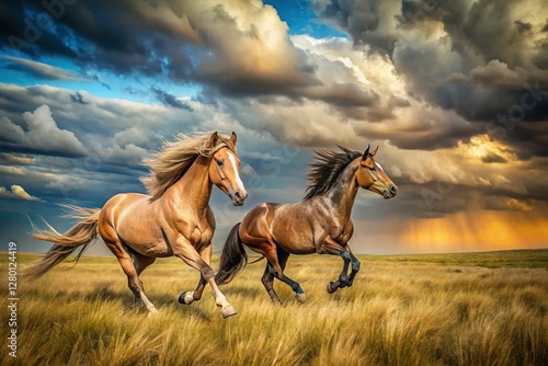 Majestic Mustangs  Two Wild Horses Galloping Free in a Vast Landscape