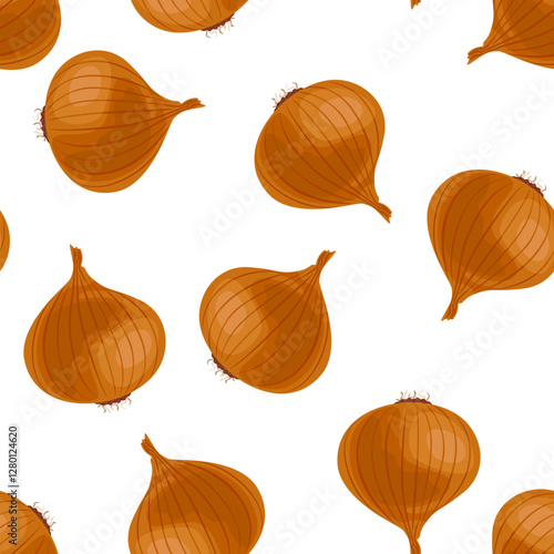 Brown onion seamless pattern. Background with fresh root vegetables. Vector cartoon flat illustration