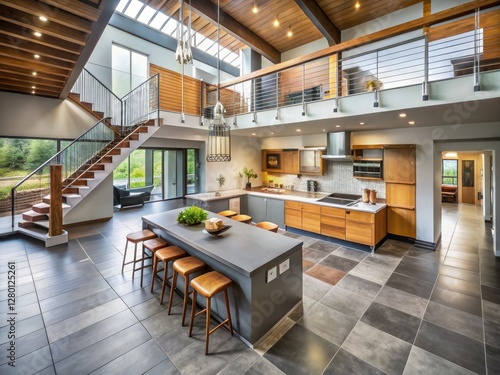 Soaring drone shot  open-concept kitchen  grey slate floors  wood cabinets  beamed ceilings  and floating stairs.