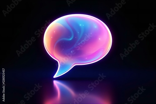 Glowing Speech Bubble Icon: 3D Render, Neon Colors, Communication Concept, Modern Design, Shiny Reflection, Dark Background, Tech Illustration