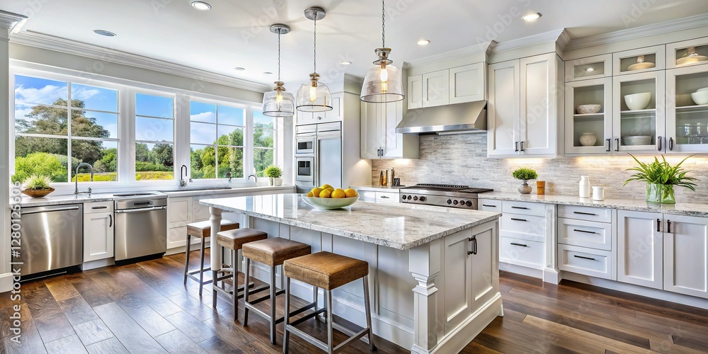 Modern White Kitchen with Marble Countertops and Large Windows - Stock Photo Modern White Kitchen with Marble Countertops and Large Windows - Stock Photo