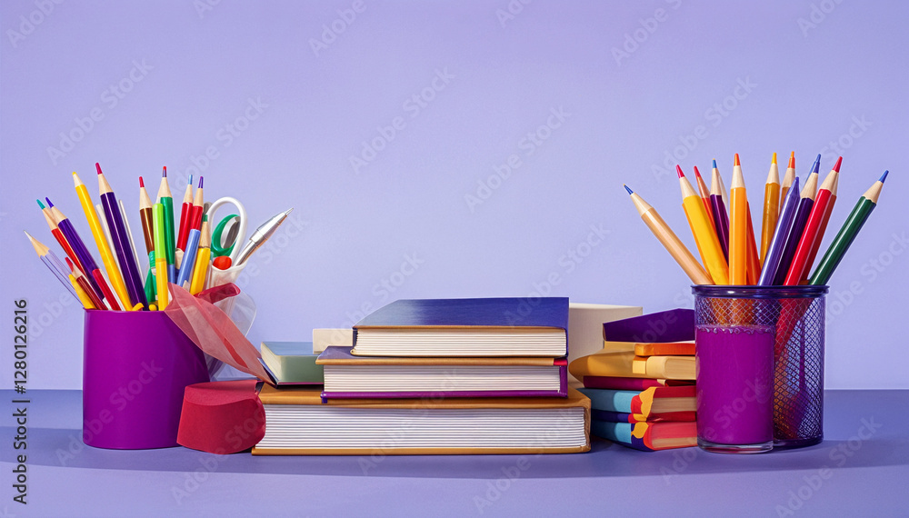 Obraz premium Colorful school supplies like pencils, crayons, and notebooks arranged on a wooden table for back to school education