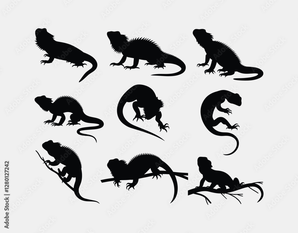 Bearded Dragon Silhouette Set Vector Template Bearded Dragon Silhouette Set Vector Template