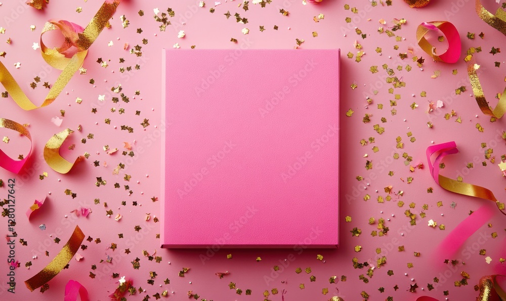 Bright Pink Background with Blank Book and Colorful Confetti and Ribbons for Celebratory Events and Creative Projects Bright Pink Background with Blank Book and Colorful Confetti and Ribbons for Celebratory Events and Creative Projects