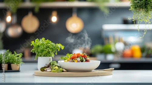 Freshly Prepared Colorful Salad on a Wooden Board in Modern Kitchen