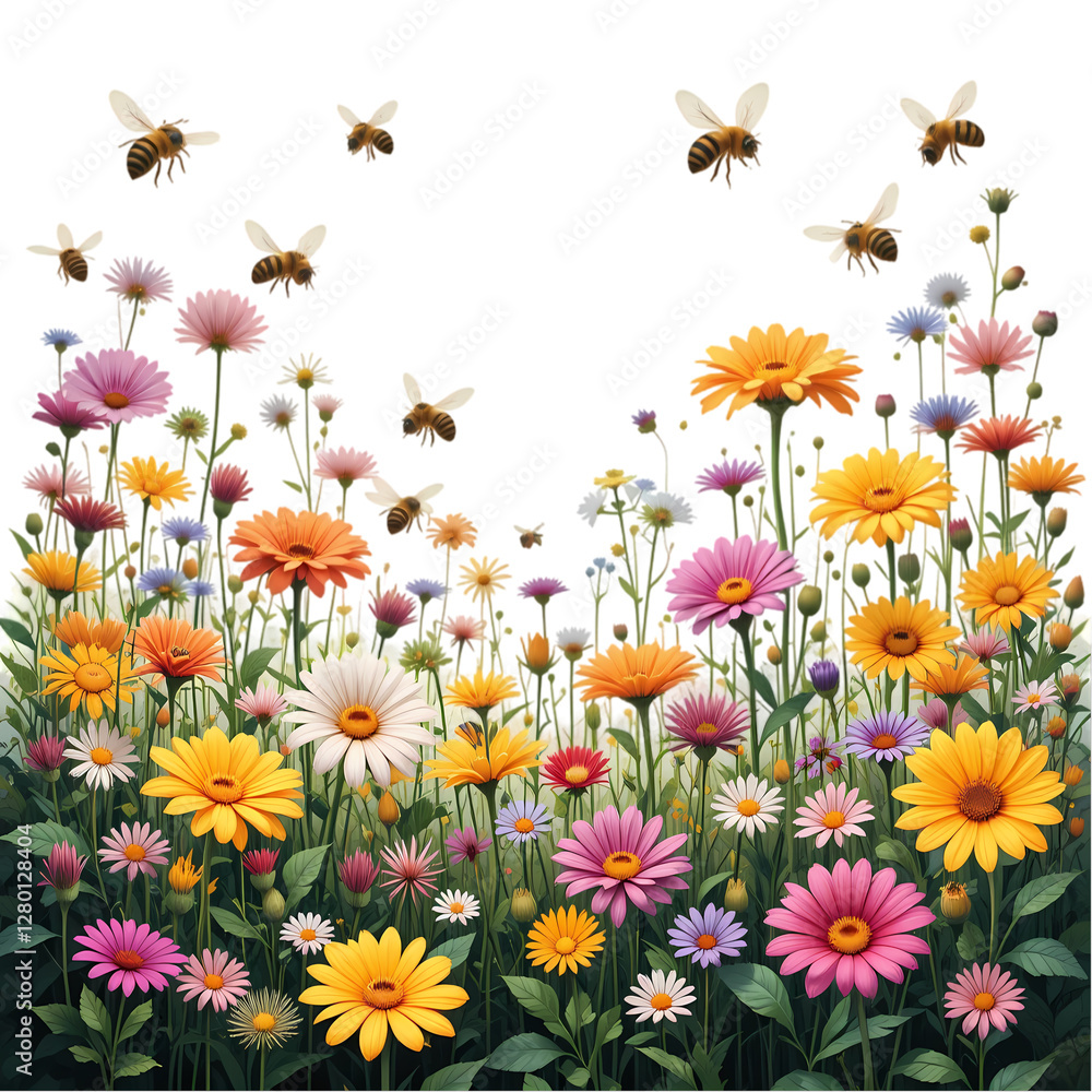 Vibrant Wildflower Meadow with Busy Bees isolated on transparent background Vibrant Wildflower Meadow with Busy Bees isolated on transparent background