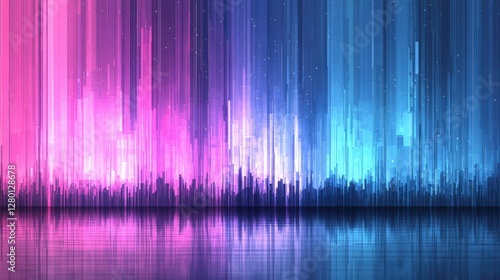 Abstract colorful digital background design with vibrant vertical lines and glowing lights reflecting on a smooth surface for creative projects