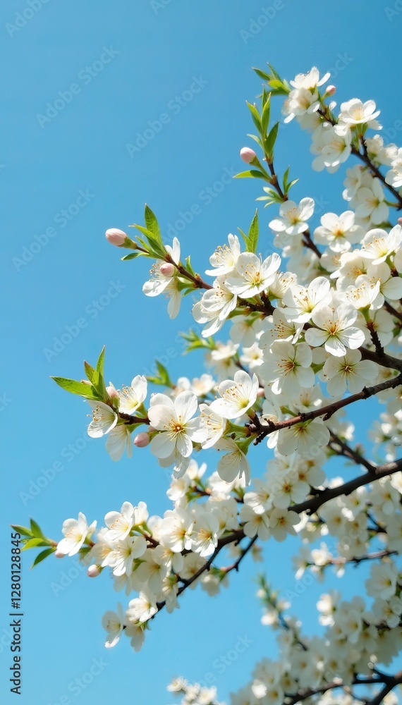 Scenic view of apricot tree filled with white flowers against clear blue sky, rural, season Scenic view of apricot tree filled with white flowers against clear blue sky, rural, season