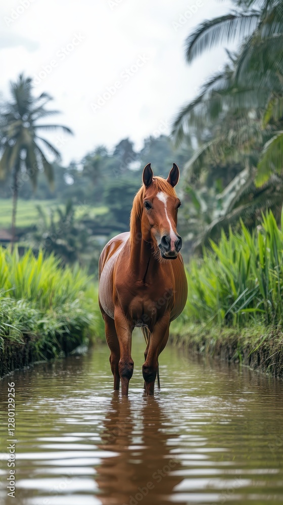 A horse walks gently through shallow water, surrounded by lush greenery and tall plants A horse walks gently through shallow water, surrounded by lush greenery and tall plants