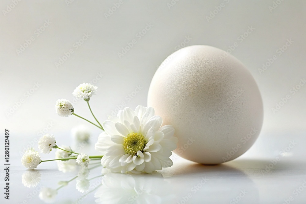 White Egg with Delicate Flower on Pure White Background - Perfect for Easter or Spring Themes White Egg with Delicate Flower on Pure White Background - Perfect for Easter or Spring Themes