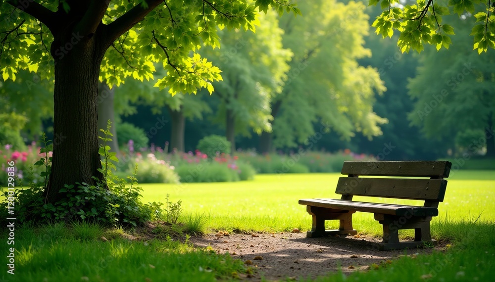 Serene park setting with wooden bench overlooking vibrant garden, nature, park Serene park setting with wooden bench overlooking vibrant garden, nature, park