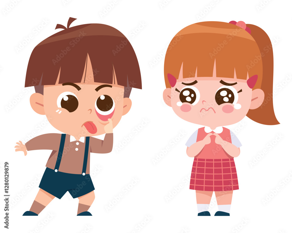 A digital illustration of a young boy whispering a secret while a girl looks nervous and worried. A digital illustration of a young boy whispering a secret while a girl looks nervous and worried.