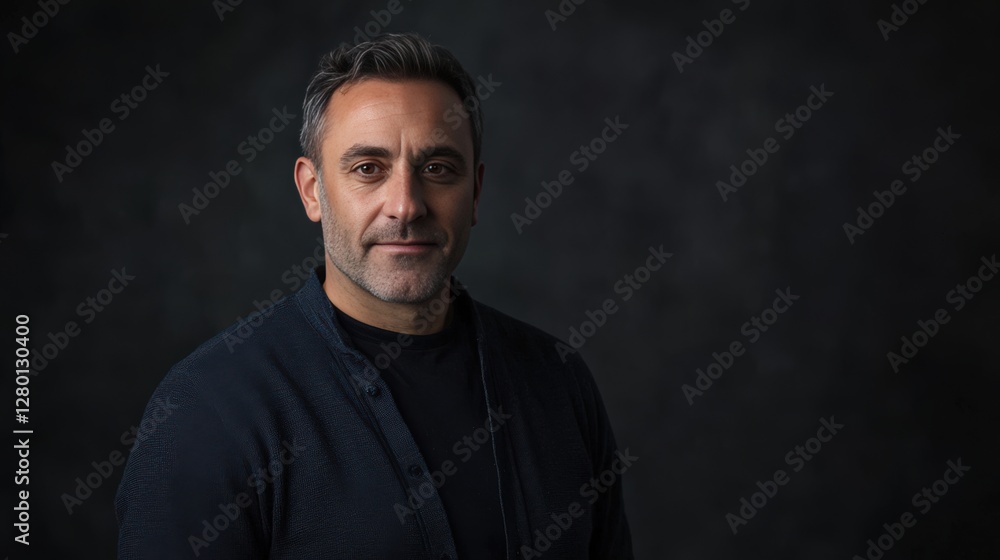 Naklejka premium Confident Middle-Aged Man in Casual Attire Against a Dark Background